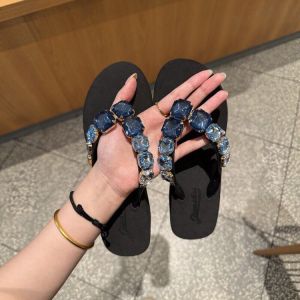 Rhinestone Blue Thick-Soled Flip-Flops For Women New Summer Style For Beach Wear Fashionable Wedge Heel Non-Slip Clip-On Beach Sandals