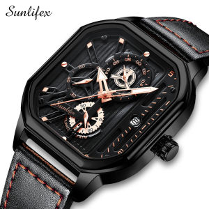 Sunlifex Jam Tangan Pria Original Bercahaya Kalender Kuarsa Olahraga Tali Kulit Jam Tangan Cowok