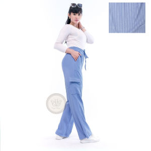 Celana panjang cargo kargo wanita knit halus loose pants higwaist strech kancing resleting depan kekinian