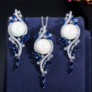 SEQUITO Unique Goddess Jewelry Silver Color Full Micro Pave Green White AAAAA Zirconia Long Pendant with Big Pearl Necklace Earrings for Noble Prom Party SJ365
