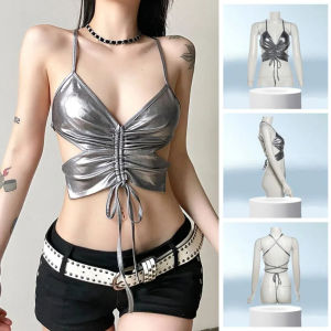 USEFUL TOOL Glossy Y2K Slim Crop Tops Sleeveless Slim fit Punk Butterfly Vest Harajuku Solid Color Neck Halter Top Streetwear