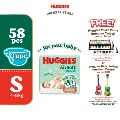 Huggies Airsoft Tape Diapers NB68/ S58 (1 Pack) - Breathable and soft premium diapers for baby