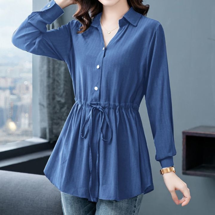 2023 NEW Elegant Fashion Solid Button Belt Long Chiffon Shirt Spring Long  Sleeve Polo-Neck Loose Blouse Women's Clothing