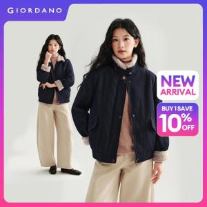 GIORDANO Women Jackets Teddy Fleece Trim Denim Padded Jackets Stand Collar Fashionable Casual Relaxed Jackets 18376216