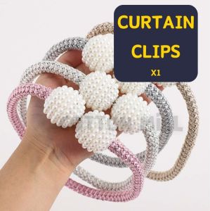 #LKLP 1Pcs Langsir Magnet Curtain Magnetic Belt Woven Rope Imitation Pearl Buckle Free Punch Back Clip