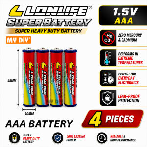 MYDIYHOMEDEPOT - 4pcs AA or AAA 1.5V LONLIFE SUPER HEAVY DUTY BATTERY Carbon Zinc Dry Battery Zero MERCURY & CADMIUM