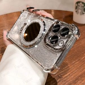 Luxury Magsafe Wireless Charging Glitter Phone Case For iPhone 16 15 14 13 12 Mini Plus Pro MAX Plating Mirror Shockproof Bracket Cover Casing