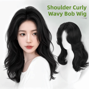 BEAUTYLADIES Heat Resistant Shoulder Layered Synthetic Wig Brown Black Wavy Bob Curly Wig With Bangs Sweet Fashion Lolita Cosplay Wigs for Women