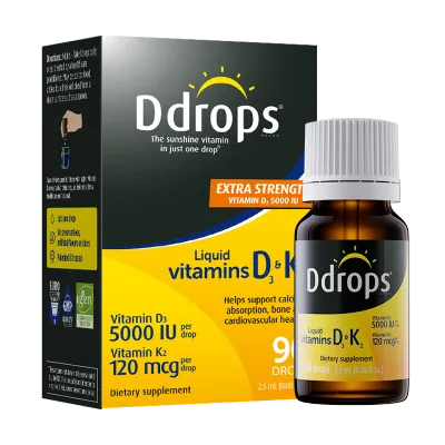 Ddrops D3 5000 IU + 120 mcg Vitamin K2 Supports Bone Heart & Immune Health (2.5mL/90 Drops)
