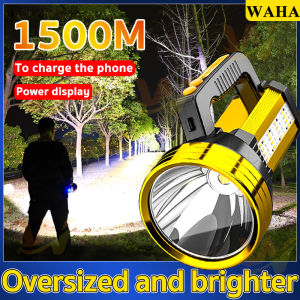 【P70 LED wick+ side lights】large size high power 1500m IPX7 waterproof searchlight Outdoor Rechargeable LED Torch Flashlight Waterproof Hiking Torch Big Beam Patrol Long Range LED camping flashlight Super bright torch Emergency Light floodlight