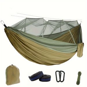 Ultimate Outdoor Double Hammock with Mosquito Net - Heavy-Duty Nylon Fabric Easy Setup with Sturdy Frame Compatibility Spacious Two-Person Camping Bed- Lightweight & Portable Design Green & Golden Color OptionsEasy Assembly for Hassle-Free Setup