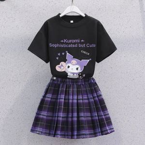 Terno for Kids Girls  Graceful Girls Sets Kuromi Sweet Girl T-shirt and JK Dress Checkered Skirt 130-160CM 2PC (Top+Dress)