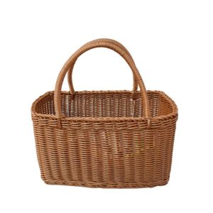 MNTT Rattan Woven Basket Rectangular With Handle Flower Basket Decorative Handwoven Picnic Basket Fruit