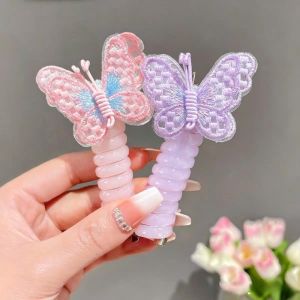 2pcs Colorful Coil Hair Tie Kids Ponytail Hair Rope Fashion Resin Butterfly Telephone Cord Hair Ring