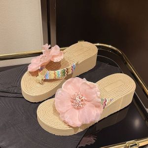 Free Shipping Floral Summer Slippers Fashion Thick Sole Dai Flip Flops Beach Wedge Heel Vacation Ethnic Clothing