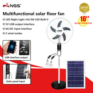 NSS solar fan electric fan 16inch floor fan with solar panel rechargeable electric fan AC/DC Dual Power multifunction fan with lights & two led bulbs