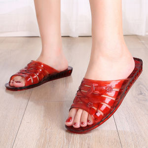 Free Shipping Summer Odor-Resistant Pink Plastic Slippers Soft-Soled Bathroom Sandals WomenS Outdoor Wear Red Transparent Crystal Design Non-Slip Thick Sole