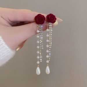A Pair Wine Red Pearl Rose Flower Earrings Retro Wedding Ear Studs Jewelry Earring Red Long Earrings
