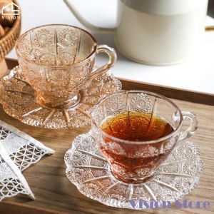 Vision European Retro Relief Sunflower Glass Luxury Coffee Tea Cup Exquisite Afternoon Tea Cup Breakfast Coaster Set Oat Cup Transparent Milk Cup With Handle