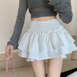 HOUMENG A-line Mini Cake Short Skirts Double Layered Ruffle High Waisted Pleated Skirt Sweet with Safety Pants Lady