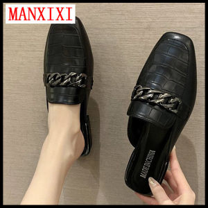 MANXIXI Brand Fashion Loafers Beautiful Gold Chain Low Heel Mules Sandals For Women (Size 35-43)
