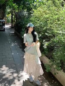 Korean Style New Design Slimming Small Floral Slit Midi Skirt Women High Waist Ruffle Mid-Length Skirt Trendy