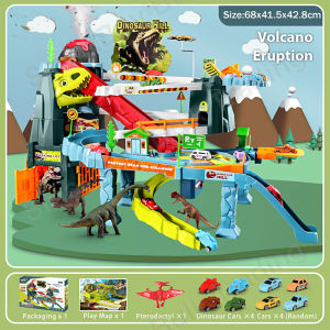 SmartBuy 2 in 1 Dinosaur City Track Volcano Adventure Parking Toy with Mist Connectable Design