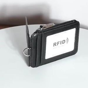 IQGE NEW Office Supplies Genuine Leather Business Work Name Tag Card Holder Staff ID Credit Card Cover RFID Block Card Holder Purse Badge Zipper Pouch with Lanyard