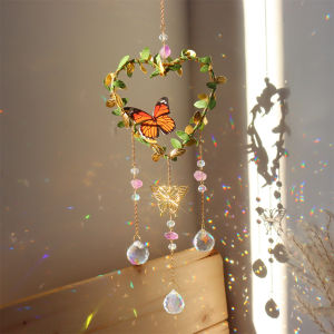 Chinatera Leaf Butterfly Crystal Wind Chime Ornament Star Moon Love Heart Pendant Prism Light Catcher Rainbow Maker Window Hanging Windchime Home Garden Decor
