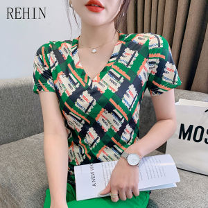 REHIN Womens T-shirt new summer fashion plaid unique patter prints V-neck cotton short-sleeved T-shirts All-match bottoming shirt chic top