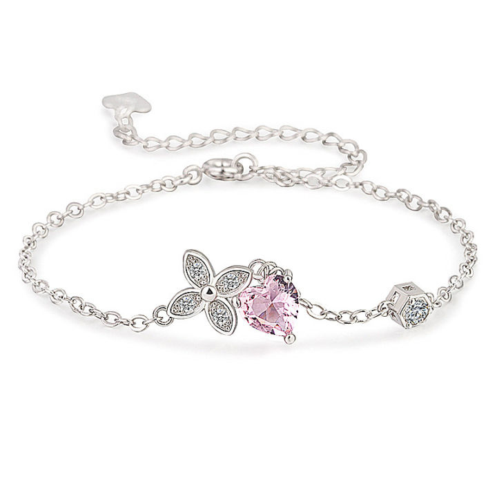 SSA Korean Sier Clover Bracelet Heart Shape Dia Peach Pollen Crystal Charm Bangle Women Girls Jewelry Gift