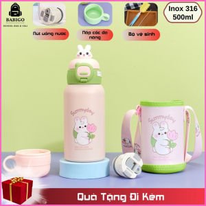 Bình nước giữ nhiệt trẻ em cho bé đi học INOX 316 500ml dễ thương có dây đeo tặng kèm sticker 2D 3D BBG0722