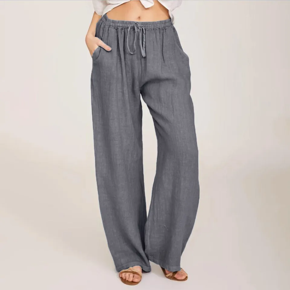 Women'S Casual Straight Leg Trousers Pocket Solid Color Cotton