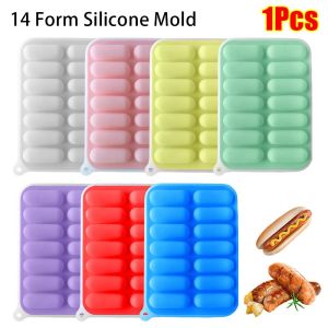 SQMETR 1Pcs 14ฟอร์ม แม่พิมพ์ทำไส้กรอก พร้อมฝาปิด ดีไอวาย แม่พิมพ์ซิลิโคนสำหรับตกแต่ง ทนทานต่อการใช้งาน ไม่ติดกระทะ เครื่องทำสุนัขร้อน เครื่องมือทำอาหารทำอาหาร