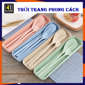 Bộ 3 Món Đũa Thìa Nĩa Làm Từ Thân Lúa Mạch Kèm Hộp An Toàn Bảo Vệ Môi Trường - Hộp 3 Món Muỗng Đũa  Dĩa Mang Du Lịch  Màu Pastel Tiện Lợi