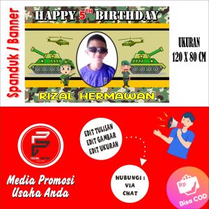 CETAK Banner Backdrop Spanduk Ultah Ulang Tahun Anak Custom - Tema Tentara abri  Ukuran 1.2 x 0.8 m