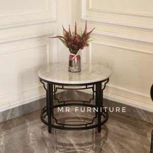 Meja Tamu Bulat Top Marmer Putih Model Klasik