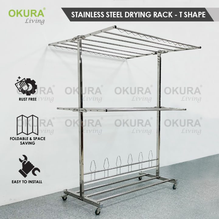 Okura Stainless Steel Clothes Rack Cloth Shoe Drying Rack Foldable Mobility Clothing Shoe Hanger