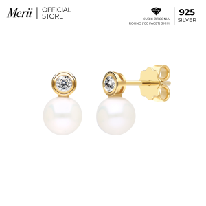 Merii ต่างหูเงินชุบทองคำ 23K และชุบโรเดียม ประดับ CZ และไข่มุกน้ำจืด 7 มม. สไตล์คลาสสิก