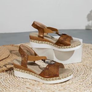 Free Shipping Plus-Size WomenS Sandals With Metal Buckle Embellishments Featuring A Braided Rope Design A Wedge Heel And A Lightweight Sole With An Open-Toe Style