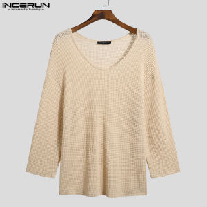 INCERUN Mens Long Sleeve Knit Pullover V Neck See Through T Shirts Casual Holiday Tee Blouse (Western Style)