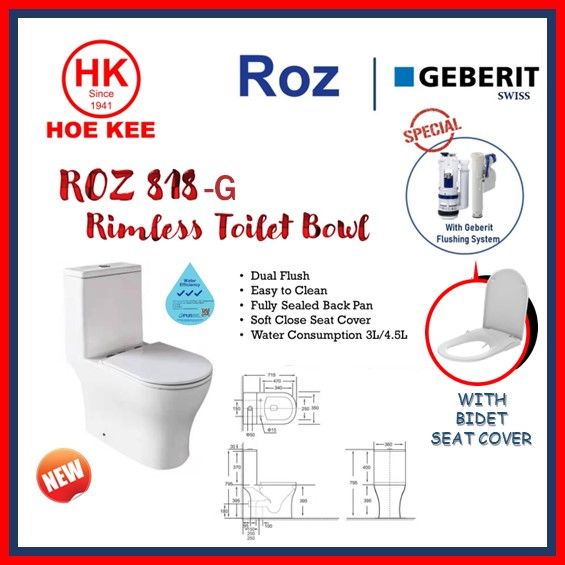 ROZ 818G 1PC Rimless Toilet Bowl + Bidet Seat Cover BP629 Lazada