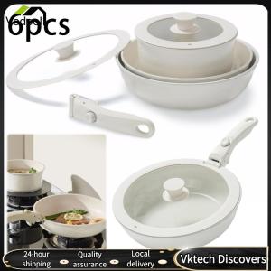 【Vodool】 6Pcs Nonstick Cookware Sets with Detachable Handle Ceramic Non Stick Pot Set Heat Resist Stackable Cookware Set for Home Kitchen