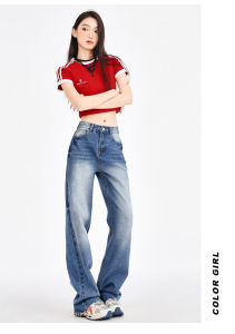 2024 ฤดูใบไม้ผลิและฤดูร้อนใหม่สาวร้อนการออกแบบขอบดิบหลวมตรงกางเกงยีนส์ขากว้าง