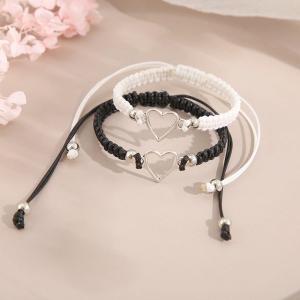 Valentines Day Heart Couple Bracelet for Women Men Fashion Black White Braided Rope Matching Bracelets Anniversary Gift