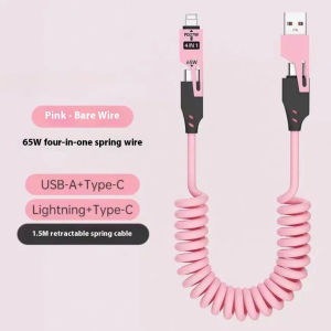 Spring Charging Cable 4-in-1 65W 6A USB Type C Telescopic Fast Charger Wire For iPhone 13 14 15 Samsung Android Phones