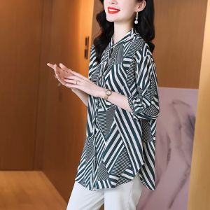 LUXURY Queen 2023 Silk Crepe Double Shirt Womens Summer Mid Length 19m Striped Mulberry Silk Shirt with 3/4 Sleeves Top