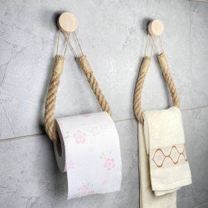 YERZ Hand-Woven Toilet Paper Wood Hook No-Drill Natural Unscented Fabric Towel Storage Rack Hook Accessories Creative Wall-Mounted Organizer Home Use