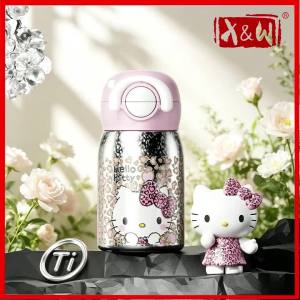 X&W 250ML Hello Pure Titanium Insulated CupStraw Thermos Waterbottle Cute Pattern Portable Cup Valentines Day Gift