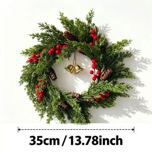 YOUSHI TOP Quả mọng đỏ Vòng nguyệt quế thông Giáng sinh Xanh tươi vĩnh cửu Tuyết phủ Vòng hoa thông nhân tạo Phong cách nhà nông thôn Nhựa Trang trí cây thông Noel Vòng hoa Giáng sinh